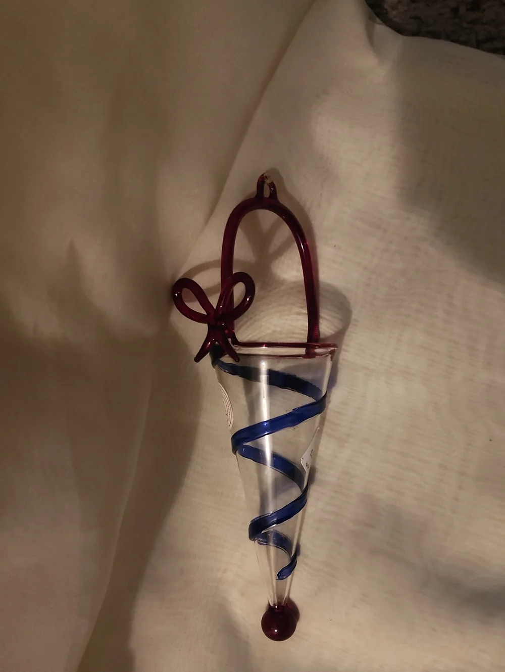 Vietri Italy Hand Blown Art Glass Cone Ornament Blue Swirl Red Bow Holiday
